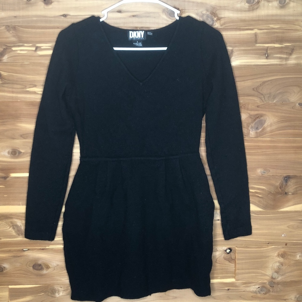 DKNY Wool Black V-Neck BodyCon Sweater Dress Small